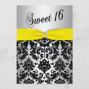 Yellow, Silver, Black Damask Sweet 16 Invitation