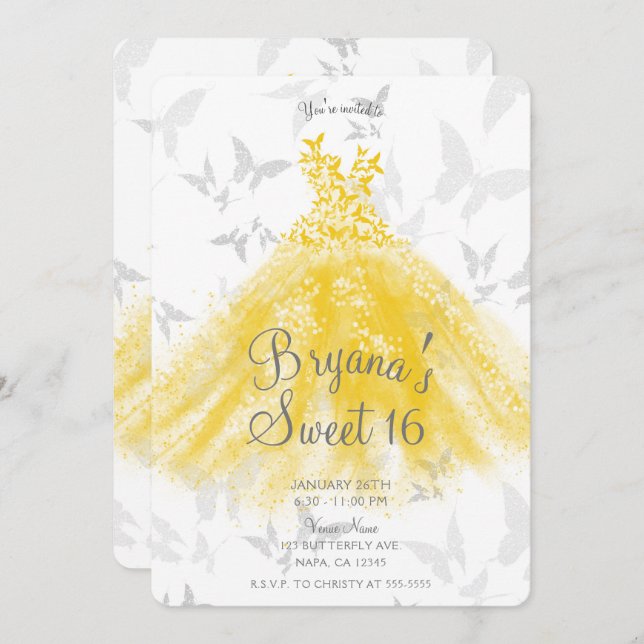 Yellow Silver Butterfly Dance Dress Sweet 16 Party Invitation (Front/Back)