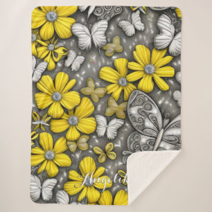Yellow Silver Floral Butterflies Personalised Name Sherpa Blanket