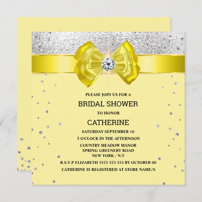 Yellow silver glitter bow elegant chic sparkle  invitation (Front/Back)