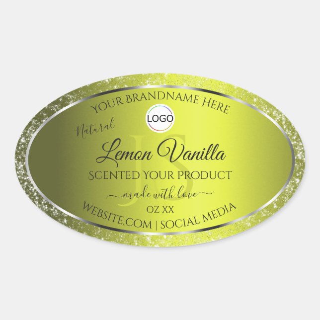 Yellow Silver Logo Initials Glitter Product Labels (Front)