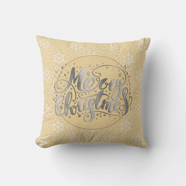 Yellow Silver Merry Christmas White Snowflakes Cushion (Front)