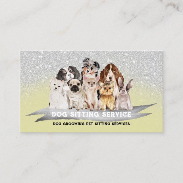 Yellow Silver Sparkles Petsitter Dog Walker Business Card (Front)