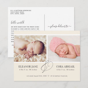 Yellow Simple Twins Photo Birth Announcement Postcard