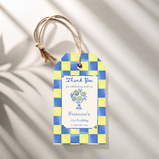Yellow sky blue checks modern birthday party favou gift tags