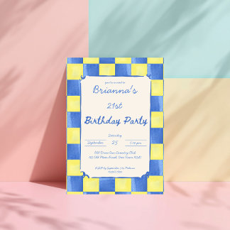 Yellow sky blue checks modern birthday party invitation