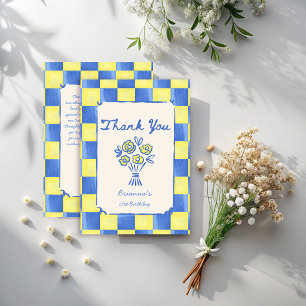 Yellow sky blue checks modern birthday party thank you card