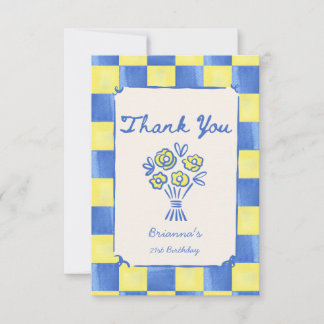 Yellow sky blue checks modern birthday party thank you card