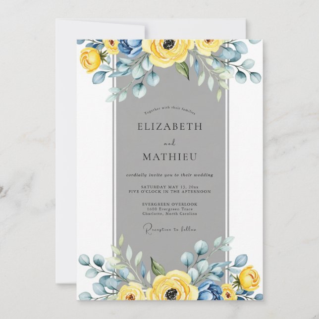 Yellow Slate Gray Elegant Spring Wedding Invitation (Front)