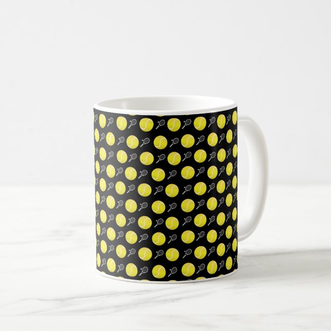 Yellow Small Tennis Ball and Rackets Pattern Black Coffee Mug (Front Right)