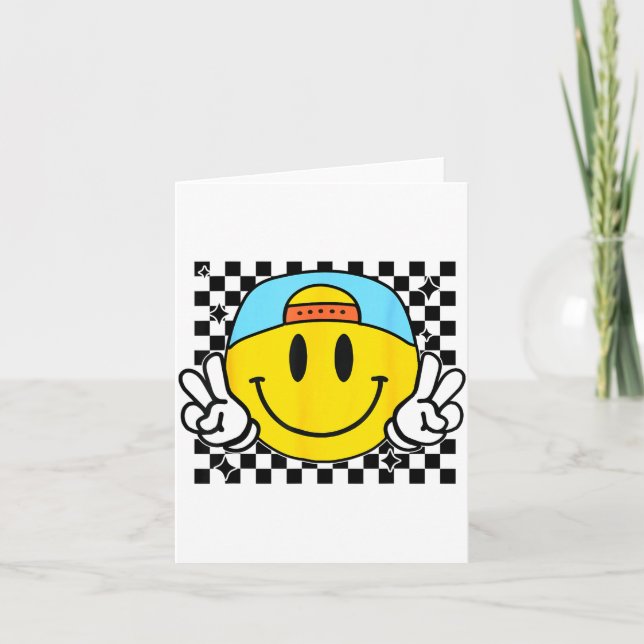 Yellow Smile Face Cute Checkered Peace Smiling Hap Card (Front)