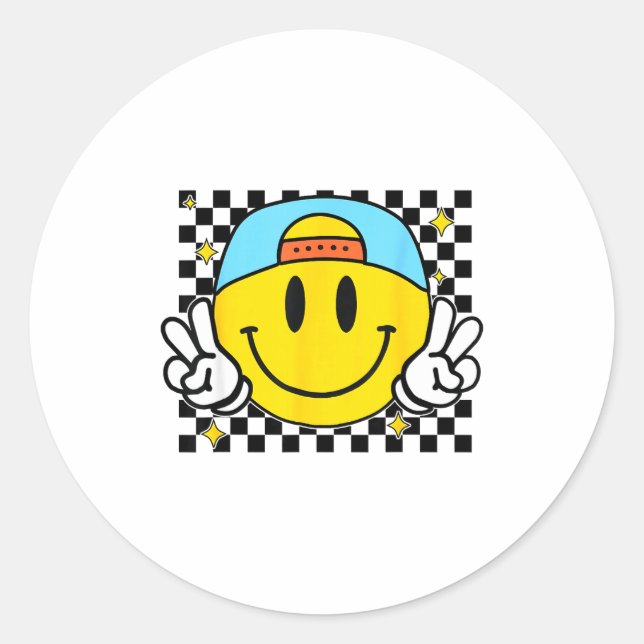 Yellow Smile Face Cute Checkered Peace Smiling Hap Classic Round Sticker (Front)