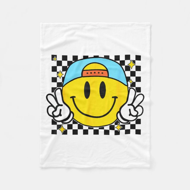 Yellow Smile Face Cute Checkered Peace Smiling Hap Fleece Blanket (Front)