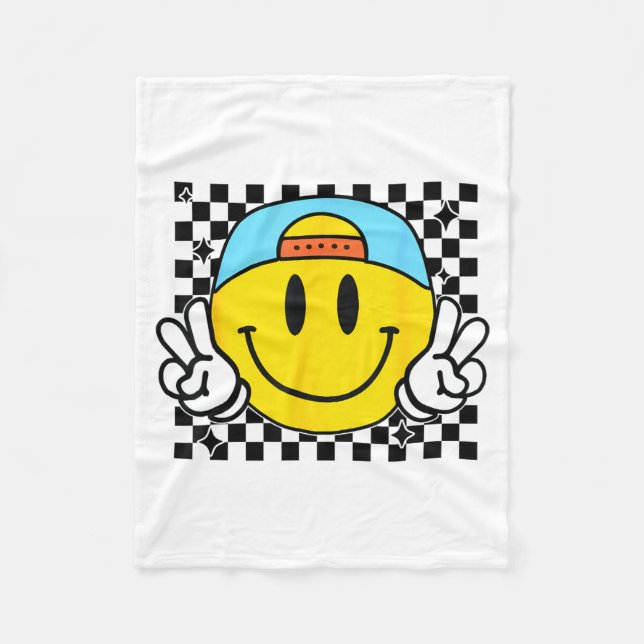 Yellow Smile Face Cute Checkered Peace Smiling Hap Fleece Blanket (Front)