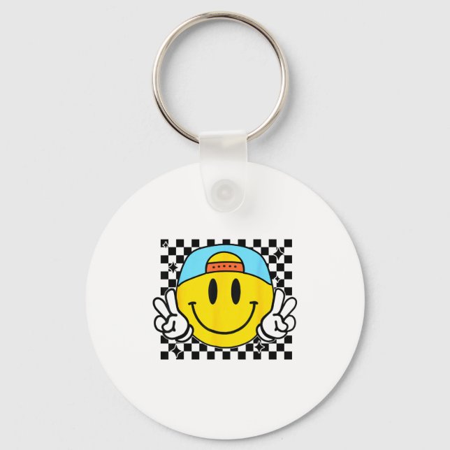 Yellow Smile Face Cute Checkered Peace Smiling Hap Key Ring (Front)