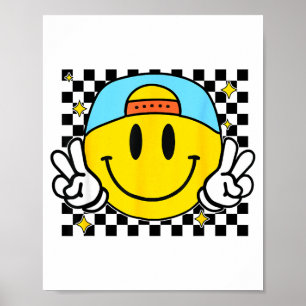 Yellow Smile Face Cute Checkered Peace Smiling Hap Poster