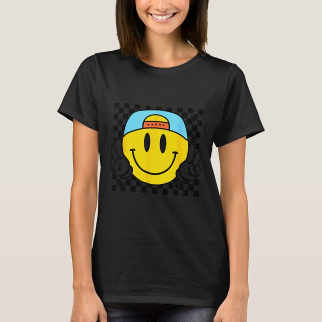 Yellow Smile Face Cute Checkered Peace Smiling Hap T-Shirt (Front)