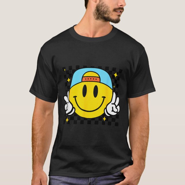 Yellow Smile Face Cute Chequered Peace Smiling Hap T-Shirt (Front)