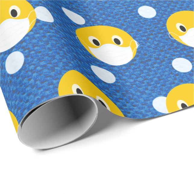 yellow smile face with mask on polka dots wrapping paper (Roll Corner)