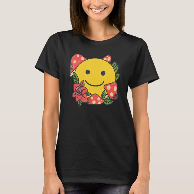 Yellow Smile   Smiling Face Cute Mushroom Rose Flo T-Shirt (Front)