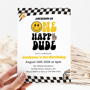 Yellow Smiley Face One Happy Dude Boy 1st Birthday Invitation