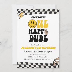 Yellow Smiley Face One Happy Dude Boy 1st Birthday Invitation