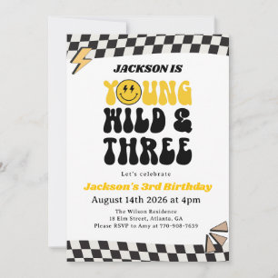 Yellow Smiley Face Retro Groovy Boy 3rd Birthday Invitation