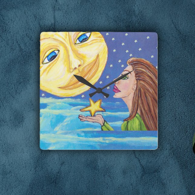 Yellow Smiling Moon Face Stars Fantasy Woman Square Wall Clock (Woman holding star looking at yellow moon with face on blue night sky clouds on wall square clock.)
