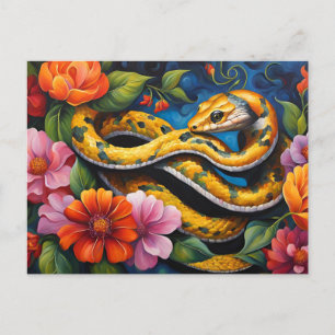 Yellow Snake in the Vibrant Colourful Floral Garde Postcard