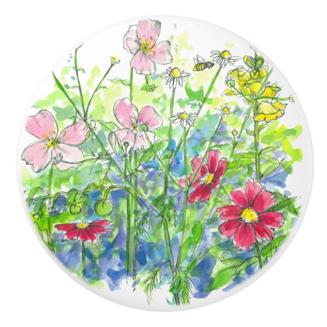 Yellow Snapdragons Honey Bee Cosmos Ceramic Knob (Front)