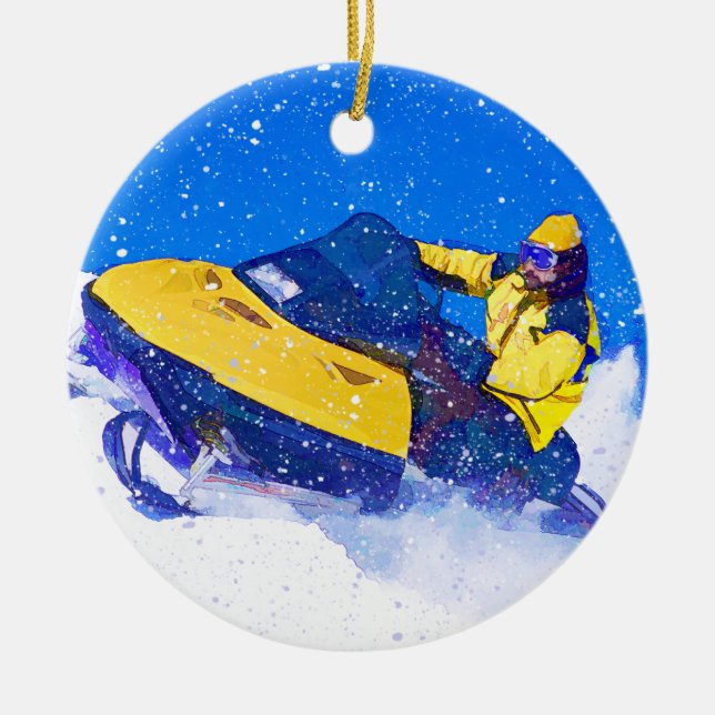 Yellow Snowmobile in Blizzard Ceramic Tree Decoration (Front)