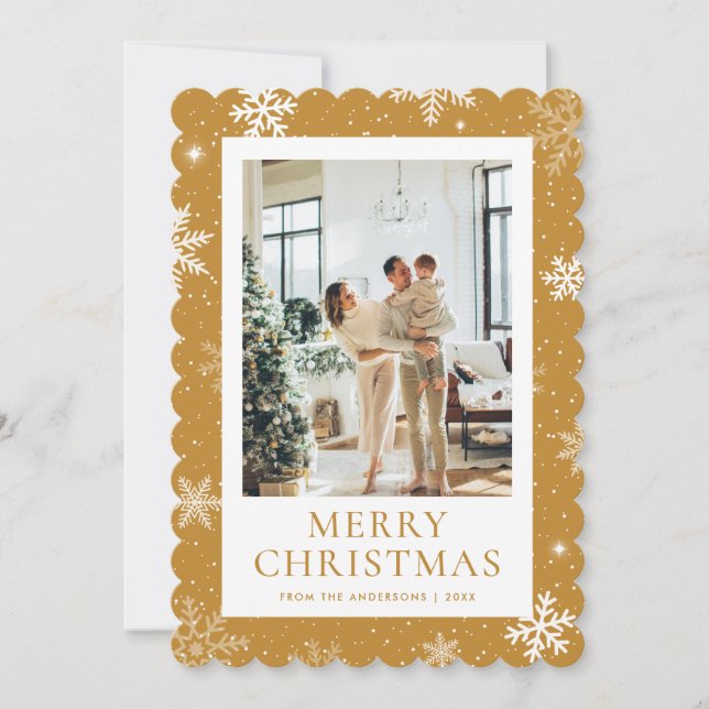 Yellow Snowy Merry Christmas Snowflake Photo Holiday Card (Front)