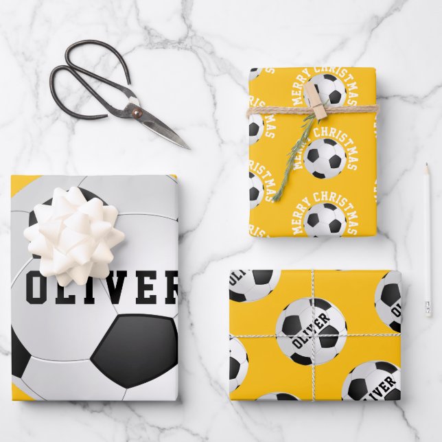 Yellow Soccer Football Balls Kids Name Christmas Wrapping Paper Sheet (Front)