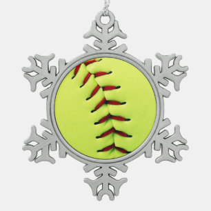 Yellow softball ball snowflake pewter christmas ornament