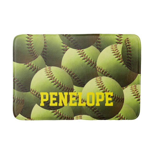 Yellow Softball Name in Yellow Text Bath Mat (Front)