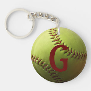 Yellow Softball Red Initial or Number Key Ring