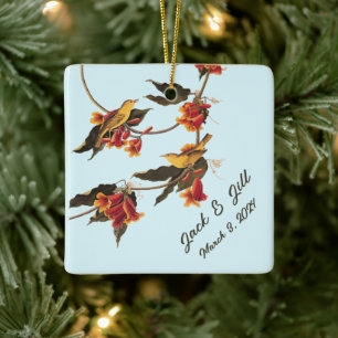 Yellow songbirds on Crossvine Ceramic Ornament