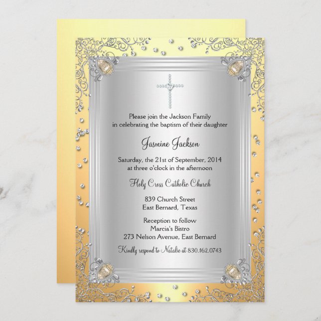 Yellow Sparkle Jewel Baptism/Christening Invite (Front/Back)