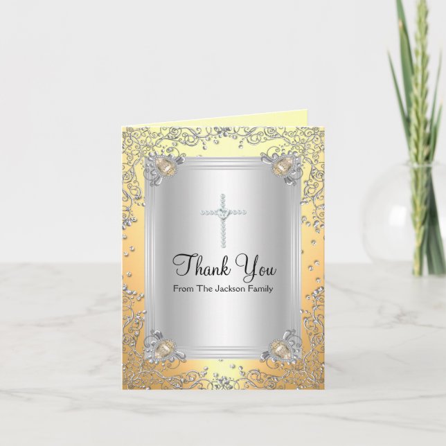Yellow Sparkle Jewel Baptism Thank You Card (Front)