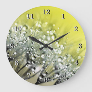 Yellow Sparkling Dew on Dandelion Large Clock