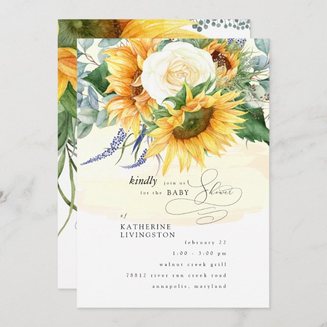 Yellow Splash Sunflower Floral Baby Shower Invitat Invitation (Front/Back)