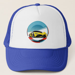 Yellow Sports Car in Modern Illustrative Round Trucker Hat