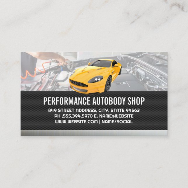 Yellow Sports Car | Mechanic Services  Business Card (Front)