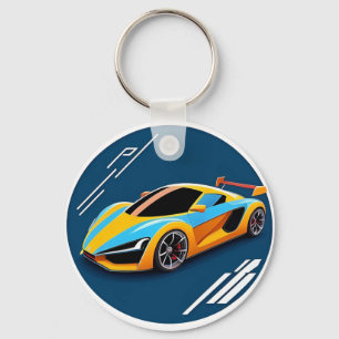 Yellow Sports Car on Blue Background Key Ring