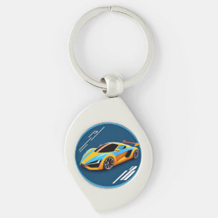Yellow Sports Car on Blue Background Key Ring