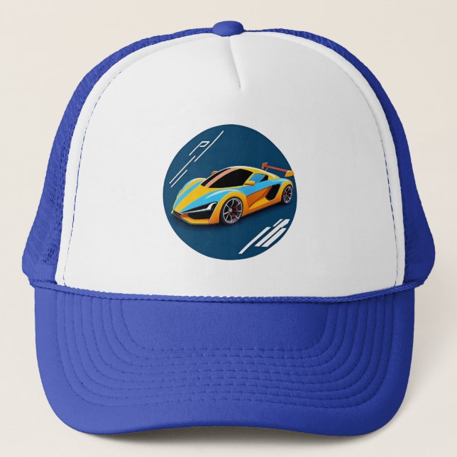 Yellow Sports Car on Blue Background Trucker Hat (Front)