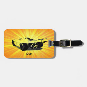Yellow Sportscar and Sunburst Luggage Tag