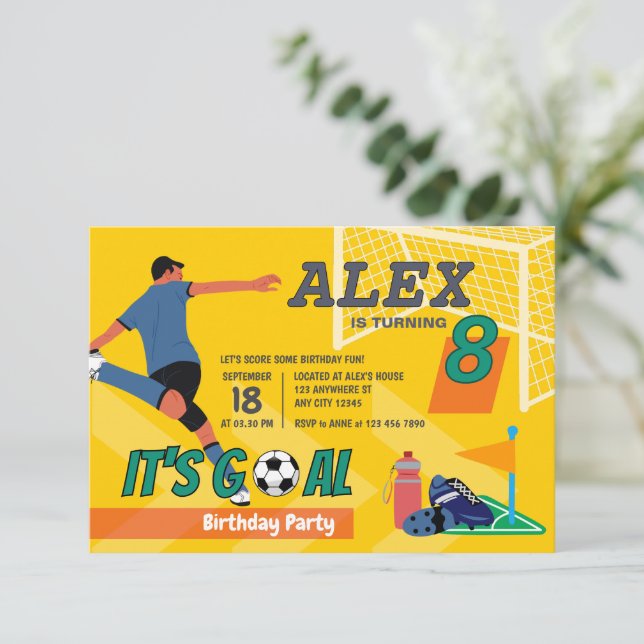 Yellow Sporty Soccer Goal Kids Birthday Invitation (Standing Front)