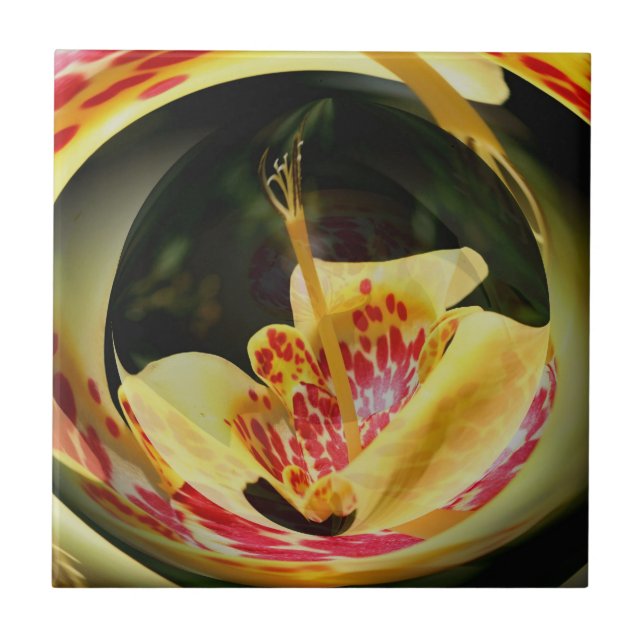 Yellow Spotted Lily Floral Abstract Art Tile (Front)