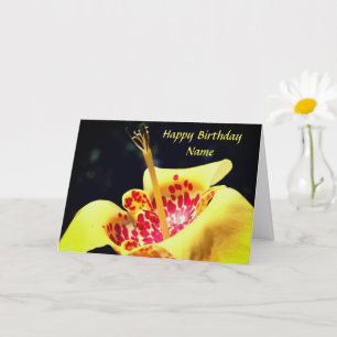 Yellow Spotted Lily Flower Personalised Birthday Card